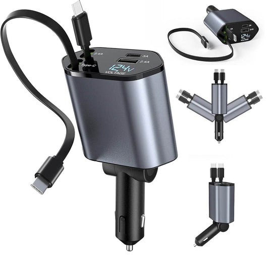 120W Fast Car Charger 4-in-1 with Retractable Cable, Dual USB & Dual Type-C -