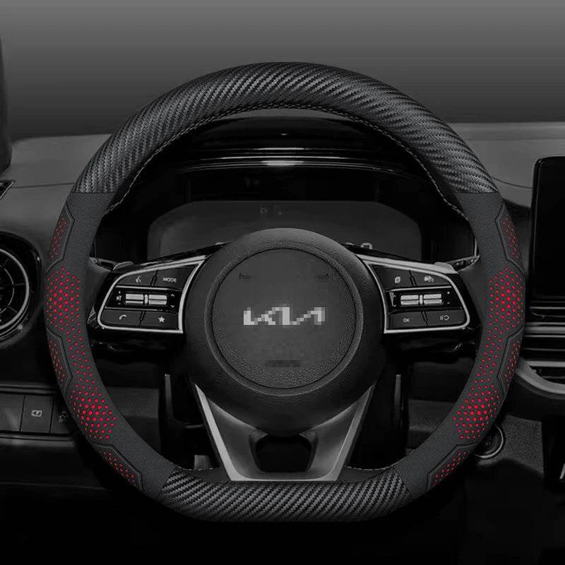 Kia Carbon Fiber Suede Steering Wheel Cover - D Carbon Red