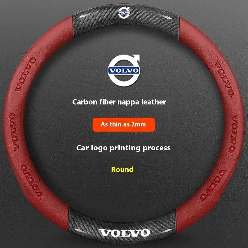 Volvo Carbon Fiber Leather Steering Wheel Cover - Carbon Red