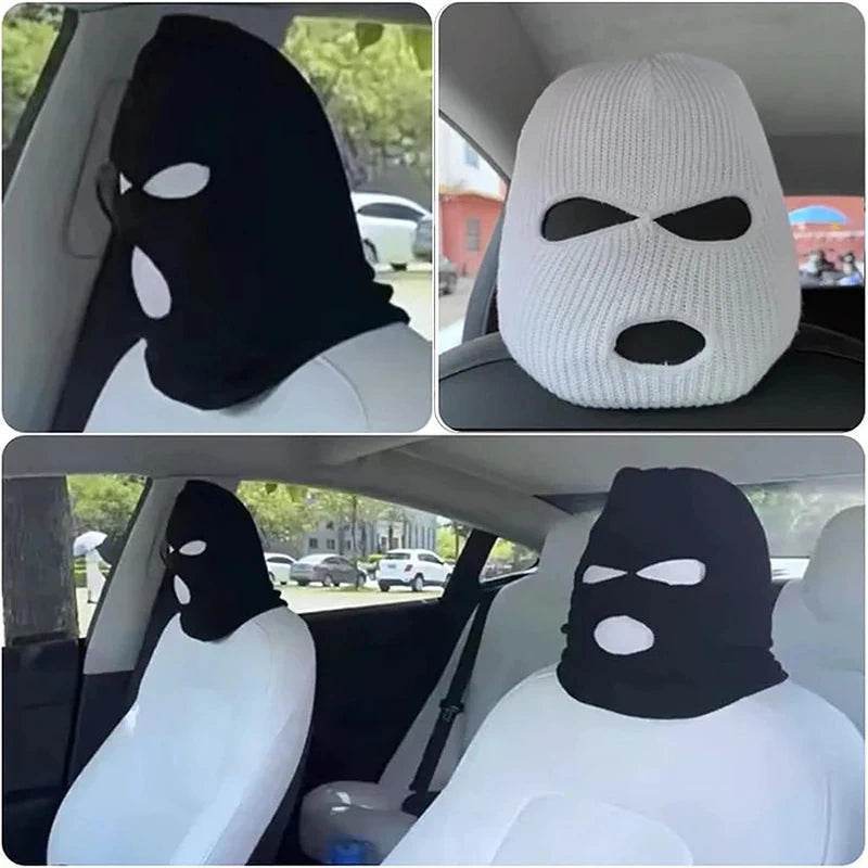3-Hole Funny Car Seat Headrest Cover – Full Face Ski Mask Design - White