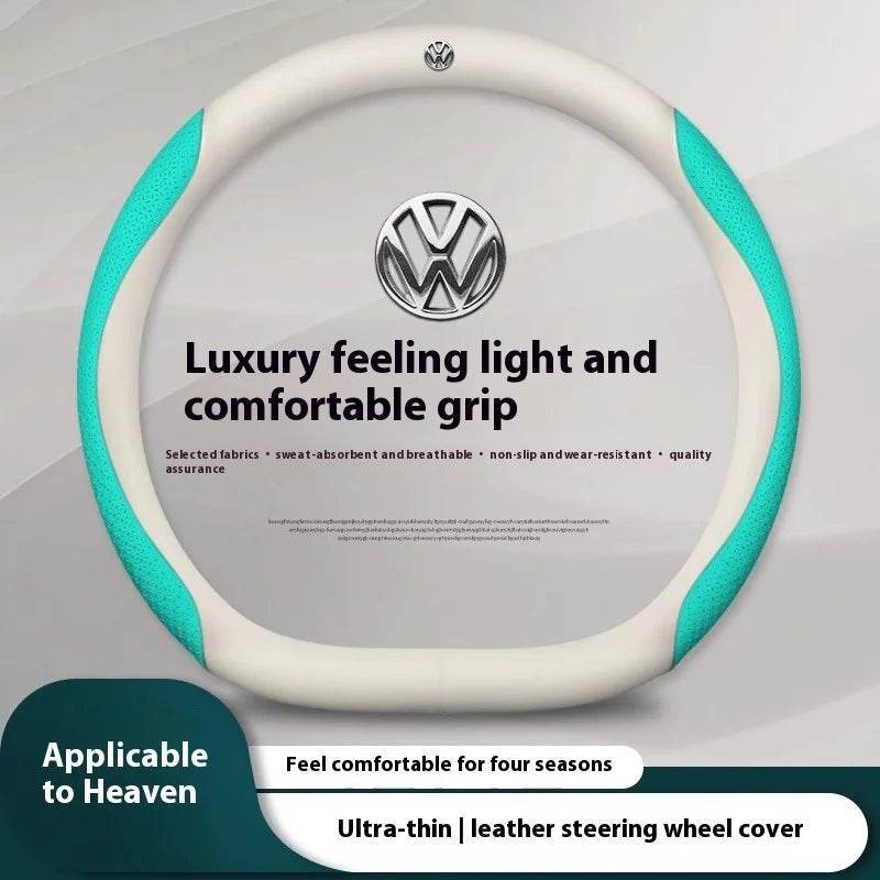 Volkswagen Carbon Fiber Leather Steering Wheel Cover - D Emboss Sky blue