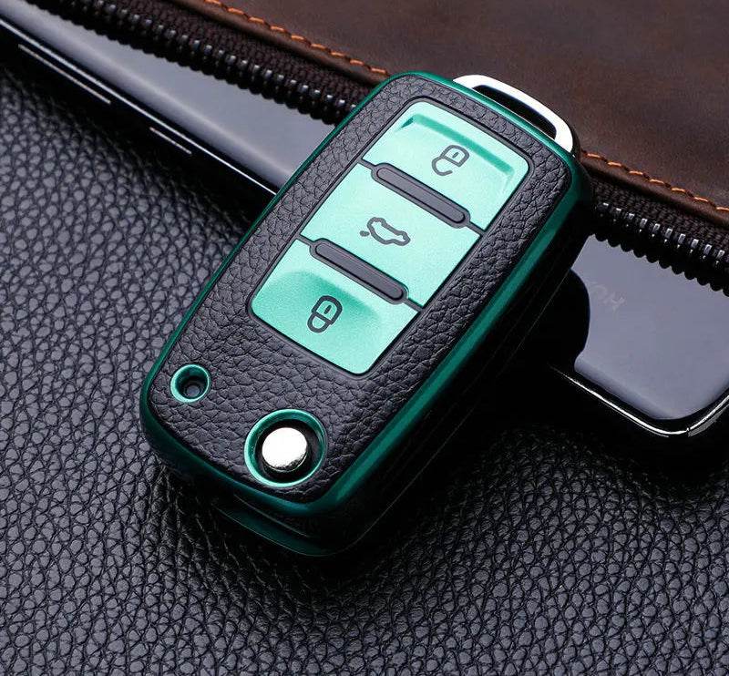 Volkswagen Leather Car Key Case – Full Cover - Black Green