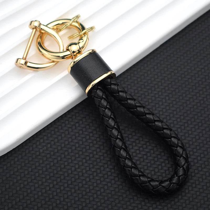 Braided Leather Keychain Loop with Metal Ring - Golden - Black
