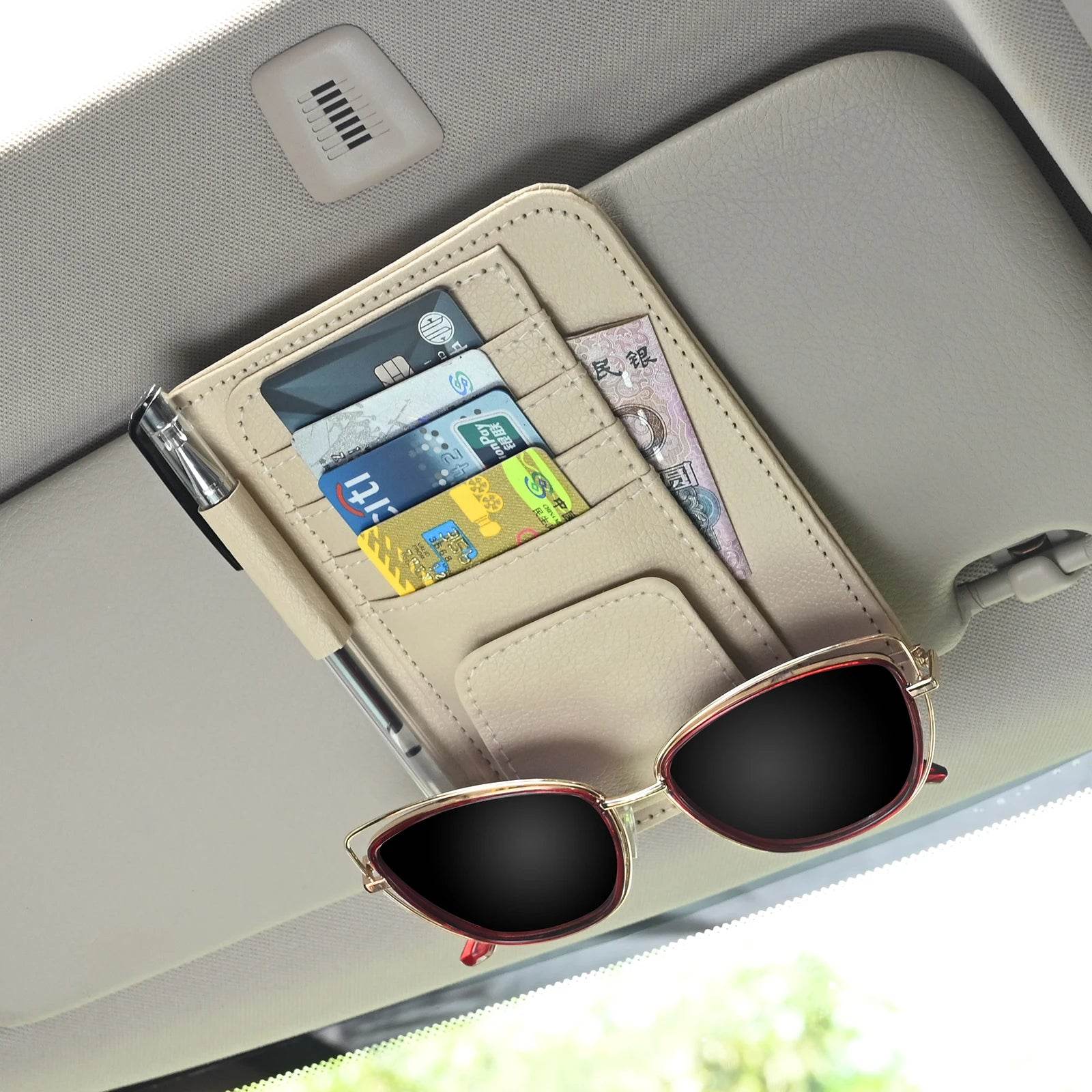 Multi-Pocket Car Visor Organizer – for Cards, Glasses & Essentials - Grey