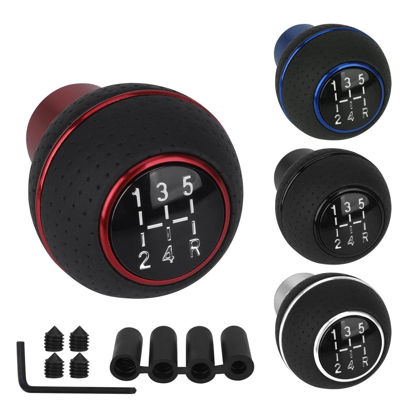 Universal 5-Speed Gear Shift Knob | Leather & Aluminium | M8–M12 Compatible - Black