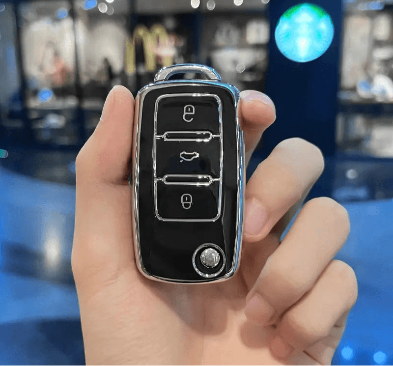 Volkswagen Leather Car Key Case – Full Cover - Silver Black