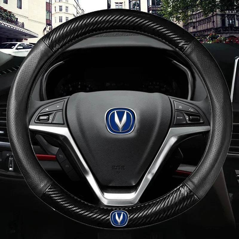 Carbon Fiber Leather Steering Wheel Cover with 3D Logo – Fits CS75 PLUS, CS95, CS35, Alsvin, CS15, CS55, Eado - Round