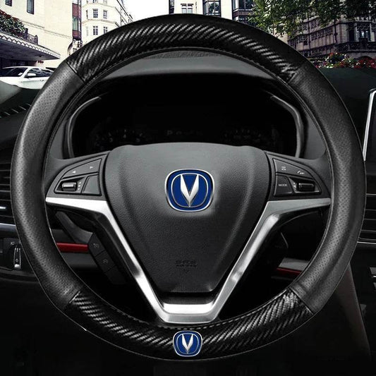 Changan Carbon Fiber Leather Steering Wheel Cover with 3D Logo - Round