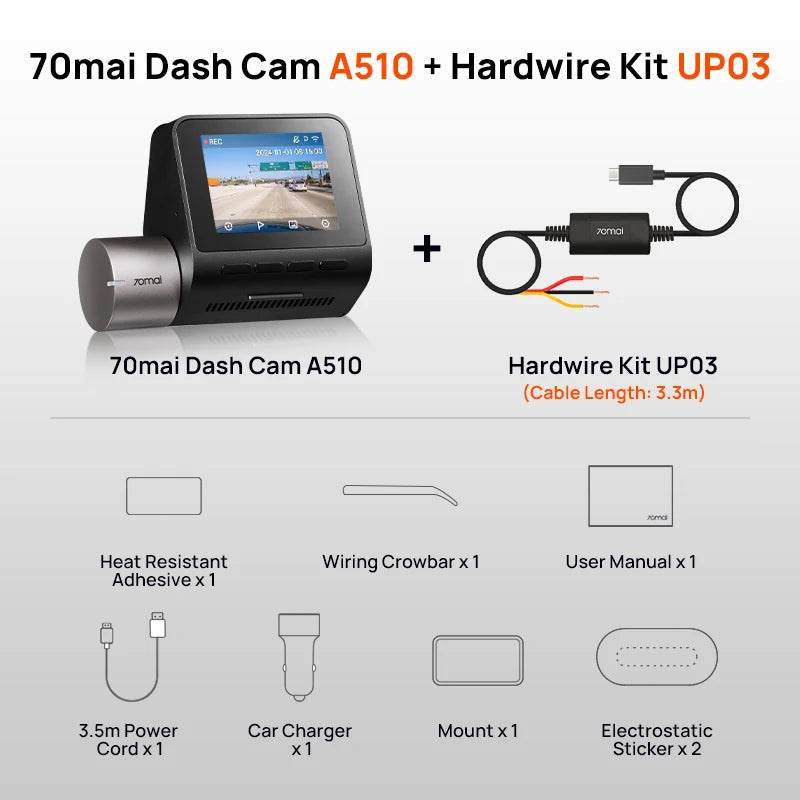 Dash Cam A510 | HDR, GPS, ADAS, 4G Connectivity, 24H Parking Support, Rear Camera - A510 Front Cam (Hard wire kit)
