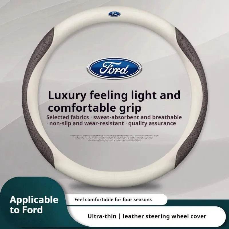 Ford Carbon Fiber Leather Steering Wheel Cover for Fits Mondeo, Focus, Raptor, F150, Fusion, Kuga & More - O White Style B