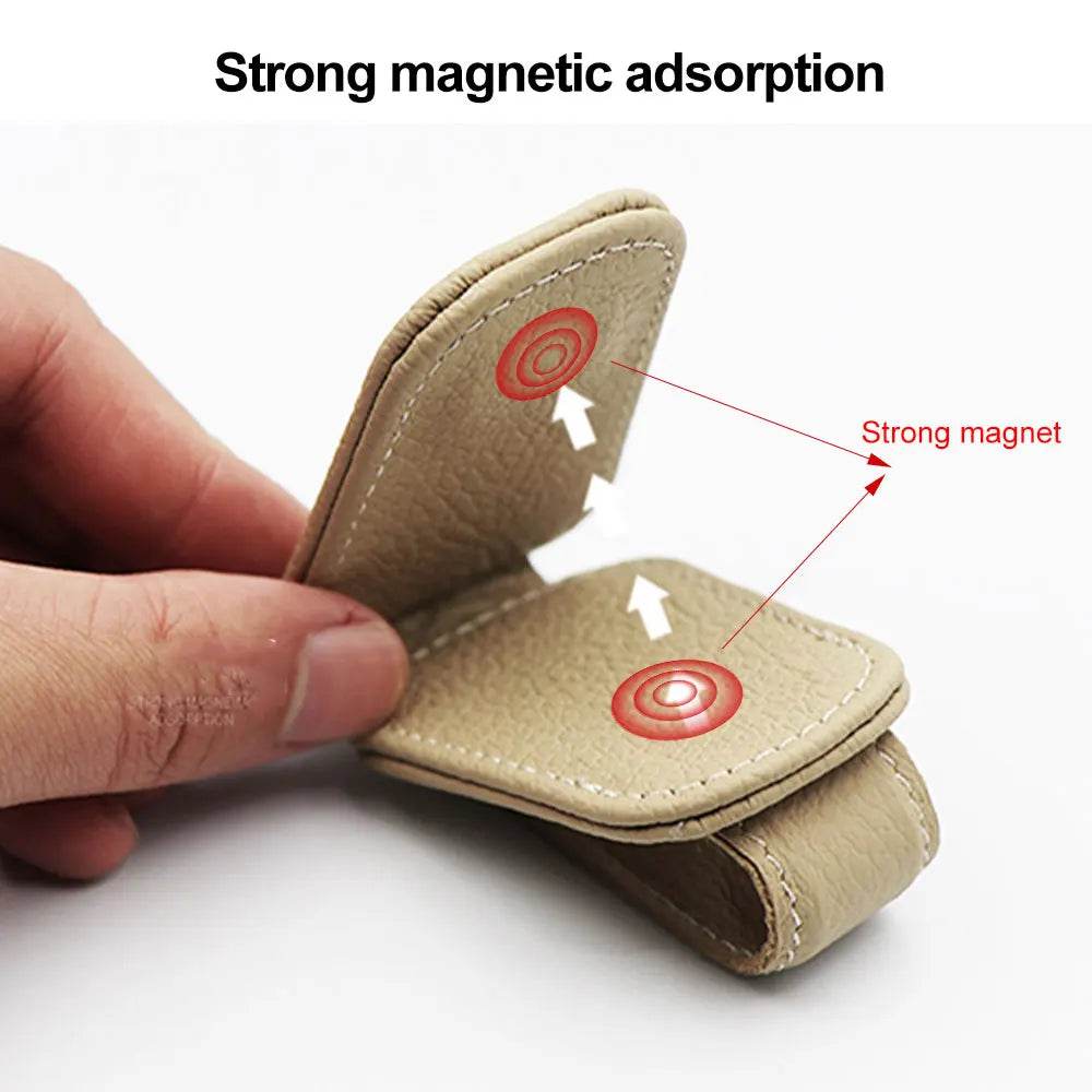 Universal Car Sunglasses Holder & Card Clip – Sun Visor Mount with Pen Case & Ticket Organizer - Beige