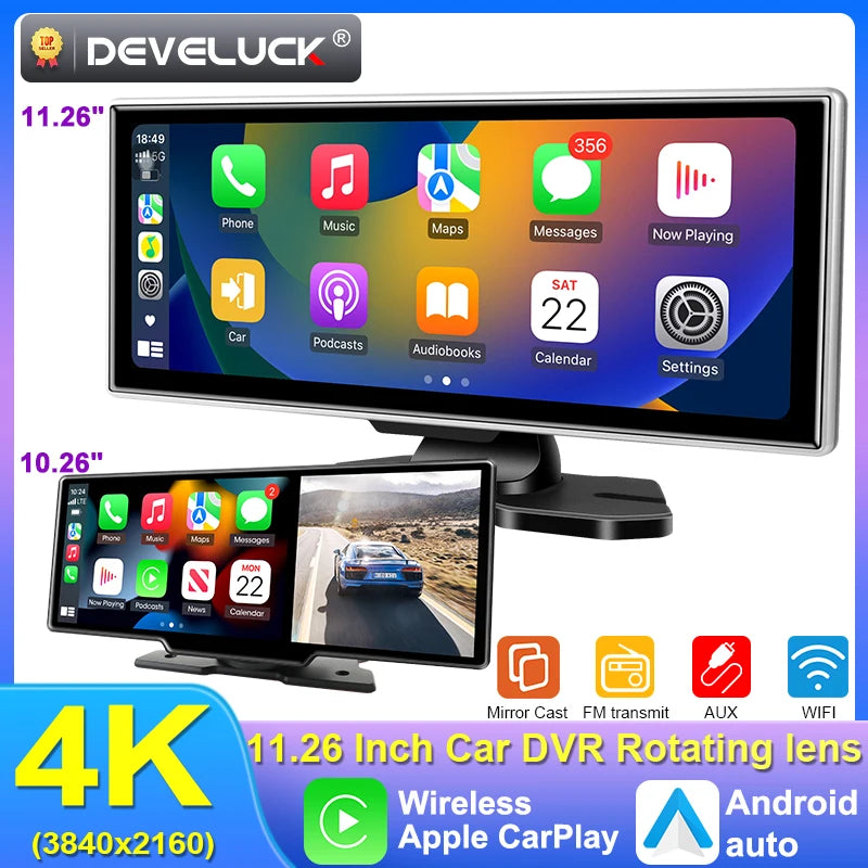 10"/11.26" 4K Dash Cam Car DVR with Wireless CarPlay & Android Auto – GPS Navigation, Dual Lens, WiFi, FM, AUX