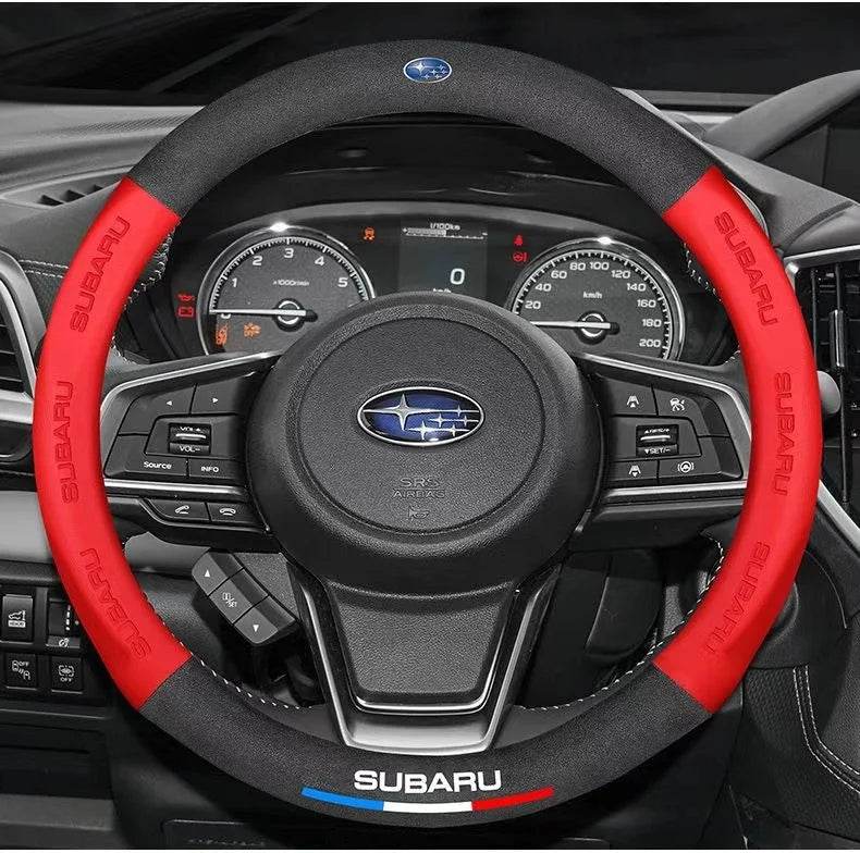 Subaru Steering Wheel Cover | Suede Leather 3D Logo - Red