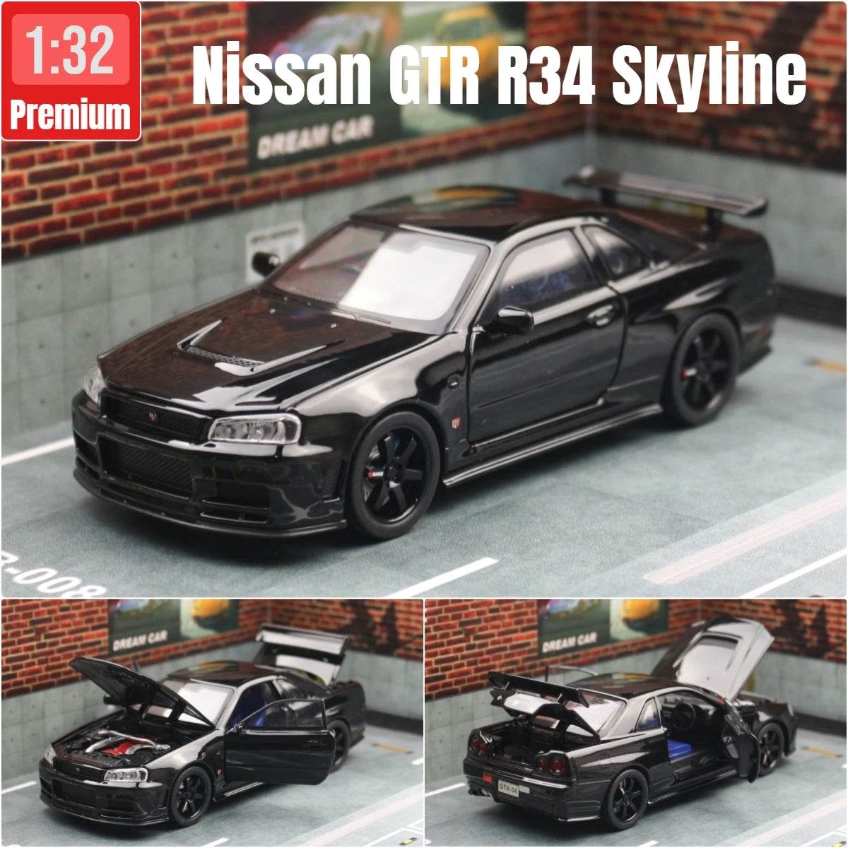 Nissan Skyline GTR R34 – 1:32 Diecast Car Toy with Light & Sound - Black