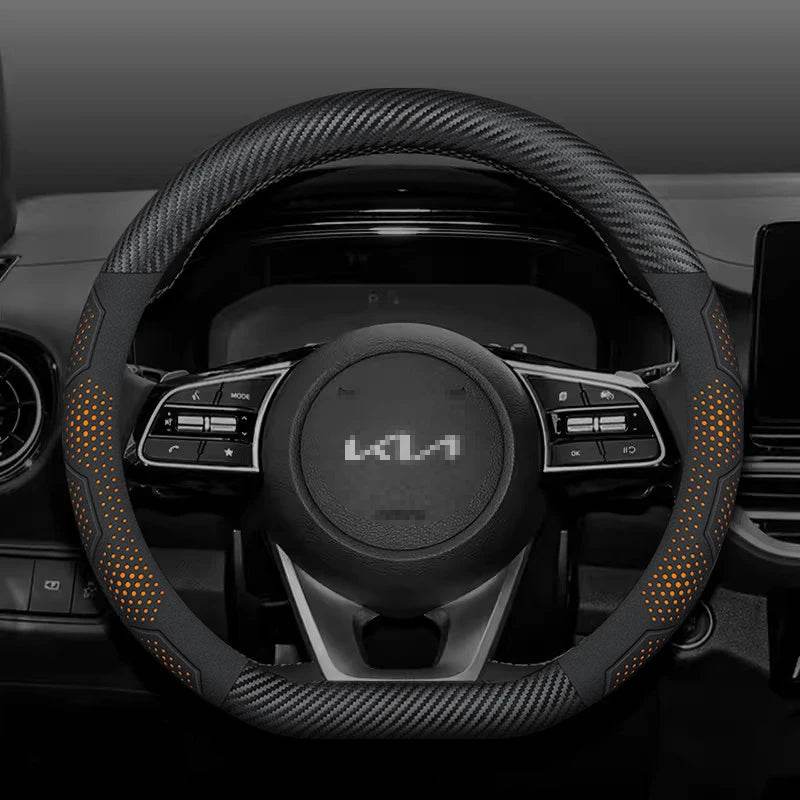 Kia Carbon Fiber Suede Steering Wheel Cover - D Carbon Orange