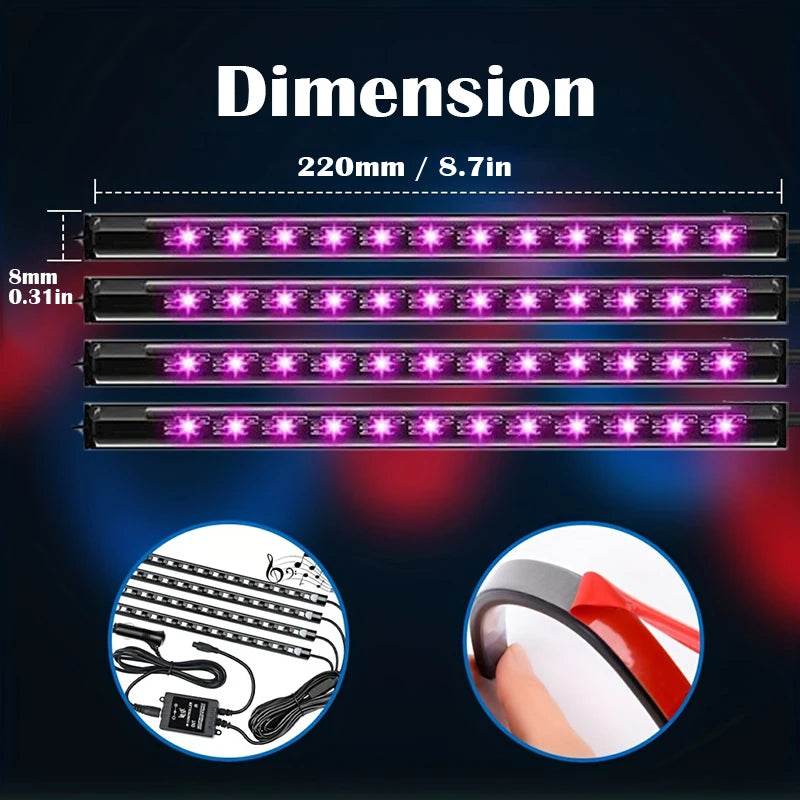 LED Car Interior Music Light Strip – 48 RGB LEDs, USB, Bluetooth APP Control - USB Power