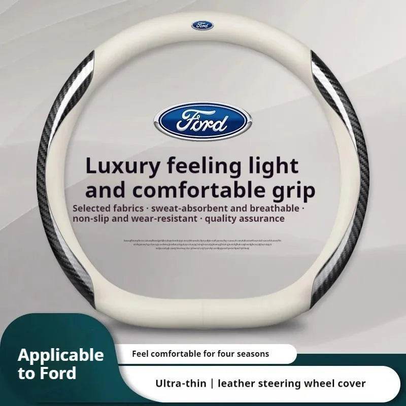 Ford Carbon Fiber Leather Steering Wheel Cover - D White Style B