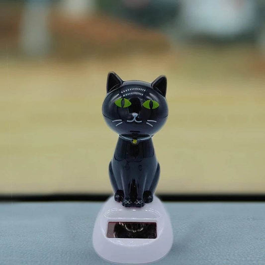 Solar Cat Car Ornament – Shaking Head Dashboard Decoration - Black