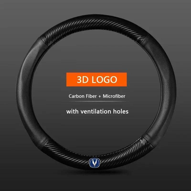 Carbon Fiber Leather Steering Wheel Cover with 3D Logo – Fits CS75 PLUS, CS95, CS35, Alsvin, CS15, CS55, Eado - Round