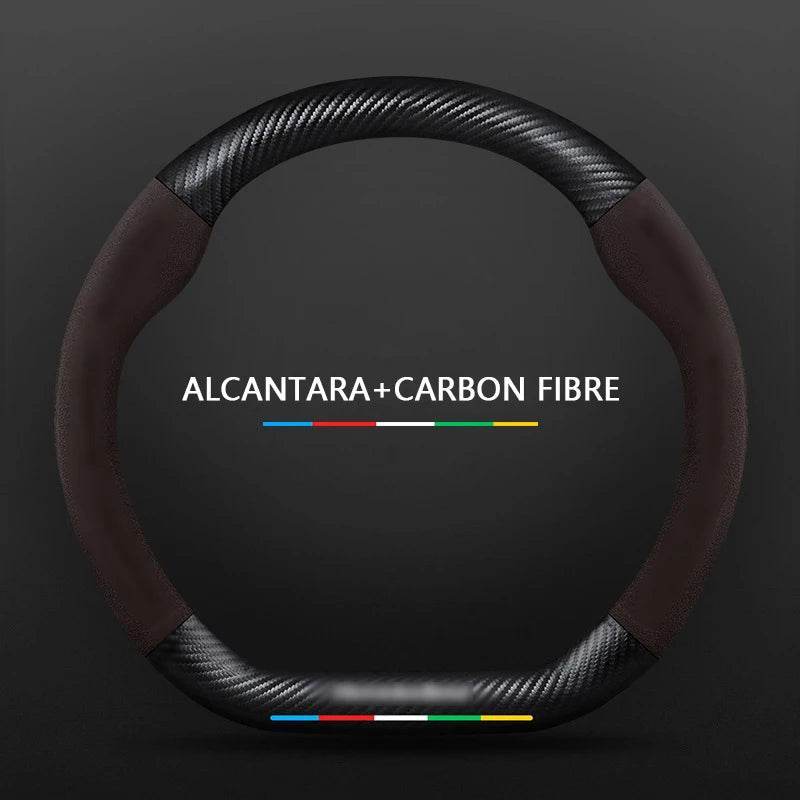 Mercedes Benz Carbon Fiber Leather Car Steering Wheel Cover - D Brown