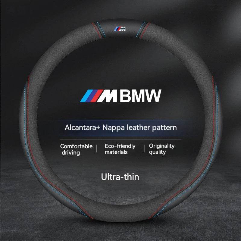 BMW Carbon Fiber Suede Leather Steering Wheel Cover for M Series , X1, X3, X5, X6, E39, E46, E87, E90, E92, F10, F15, F25, F30 - O-M Style B black