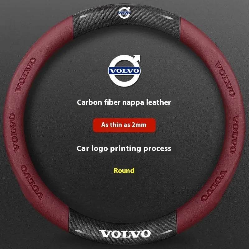 Volvo Carbon Fiber Leather Steering Wheel Cover - Carbon Wine red