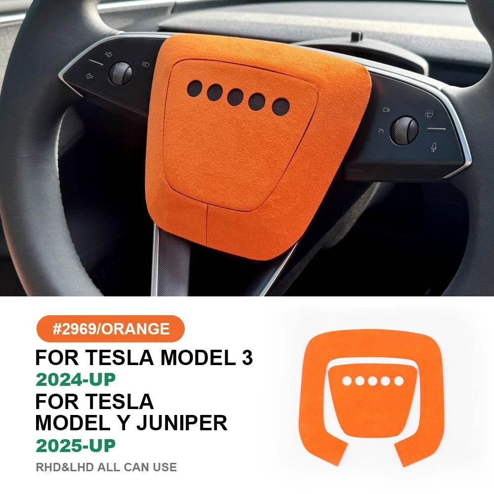 Tesla Model Y Steering Wheel Trim | Italian Suede Panel Stickers (2025+) - Orange Steering Wheel