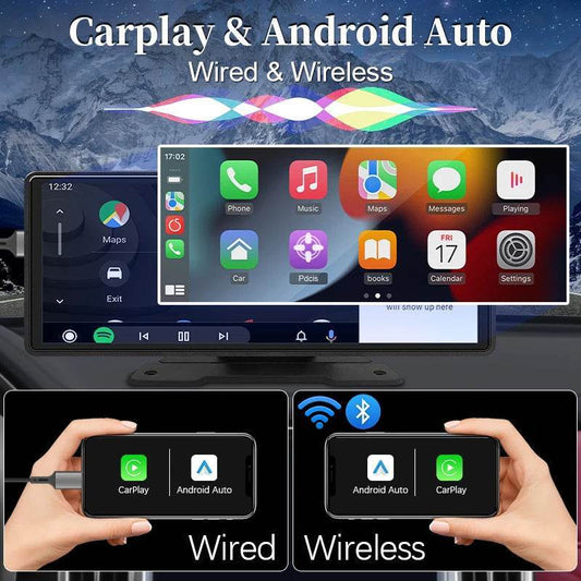 10.26" Universal Car Mirror Multimedia Player – Wireless CarPlay & Android Auto with Bluetooth, AUX, USB