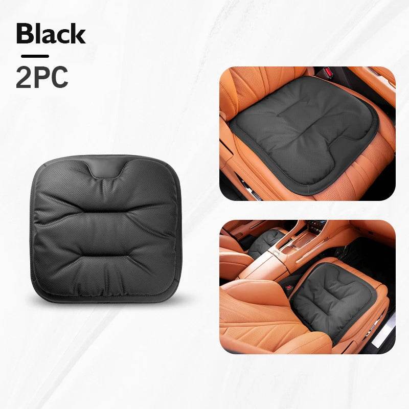 Car Seat Cushion – Leather, Waist Support, Four Seasons Protector - Black Seat 2PC