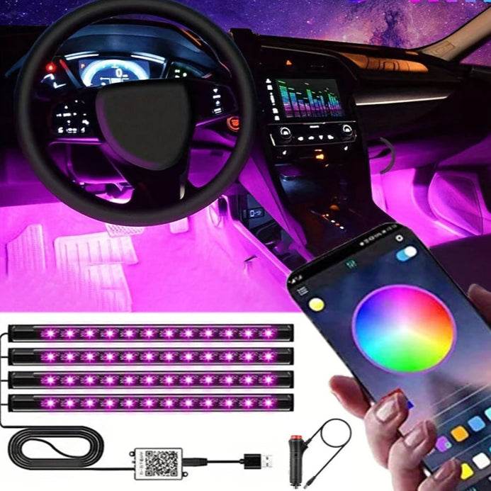 LED Car Interior Music Light Strip – 48 RGB LEDs, USB, Bluetooth APP Control - USB Power