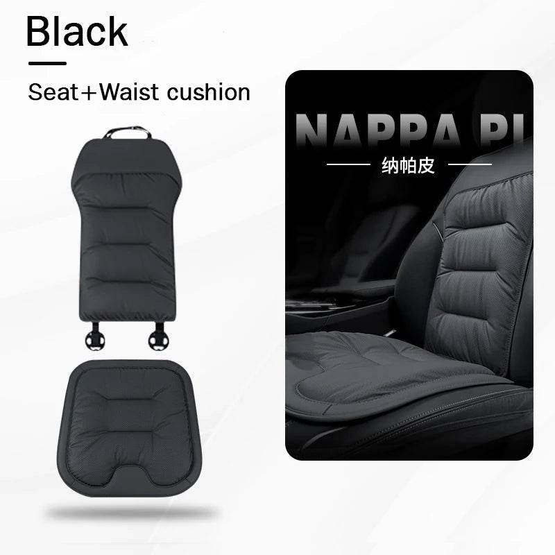 Car Seat Cushion – Leather, Waist Support, Four Seasons Protector - Black Set