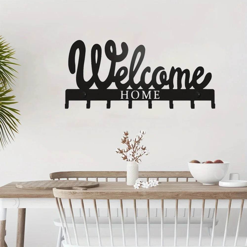 Black Metal Wall Key Holder – WELCOME Design with 8 Hooks - A