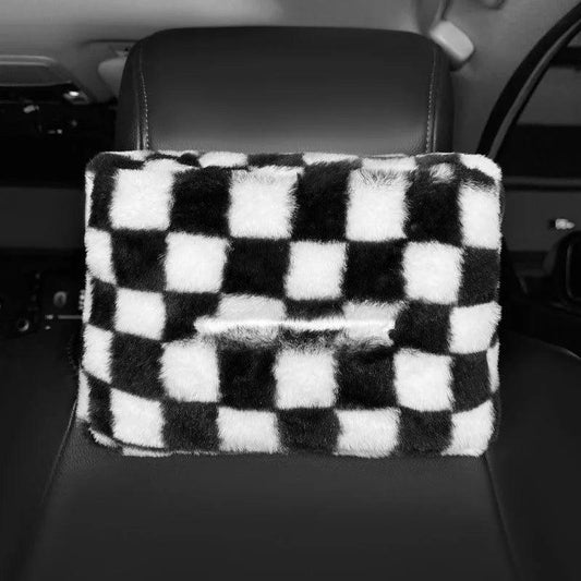 Plush Chessboard Car Headrest Tissue Holder Visor Hanging Organizer
