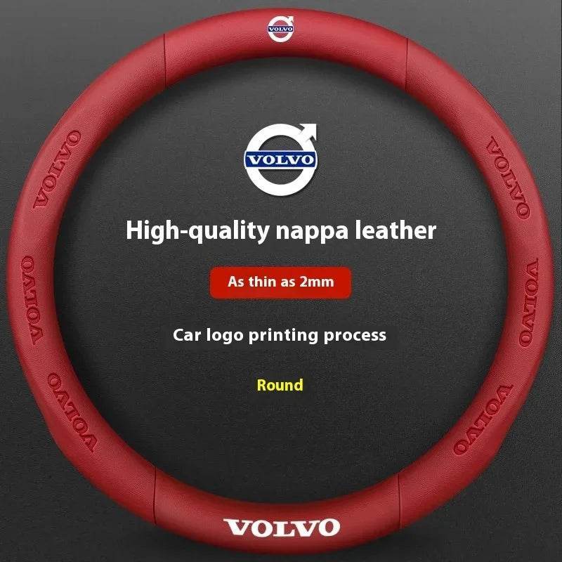 Volvo Carbon Fiber Leather Steering Wheel Cover - Leather Red