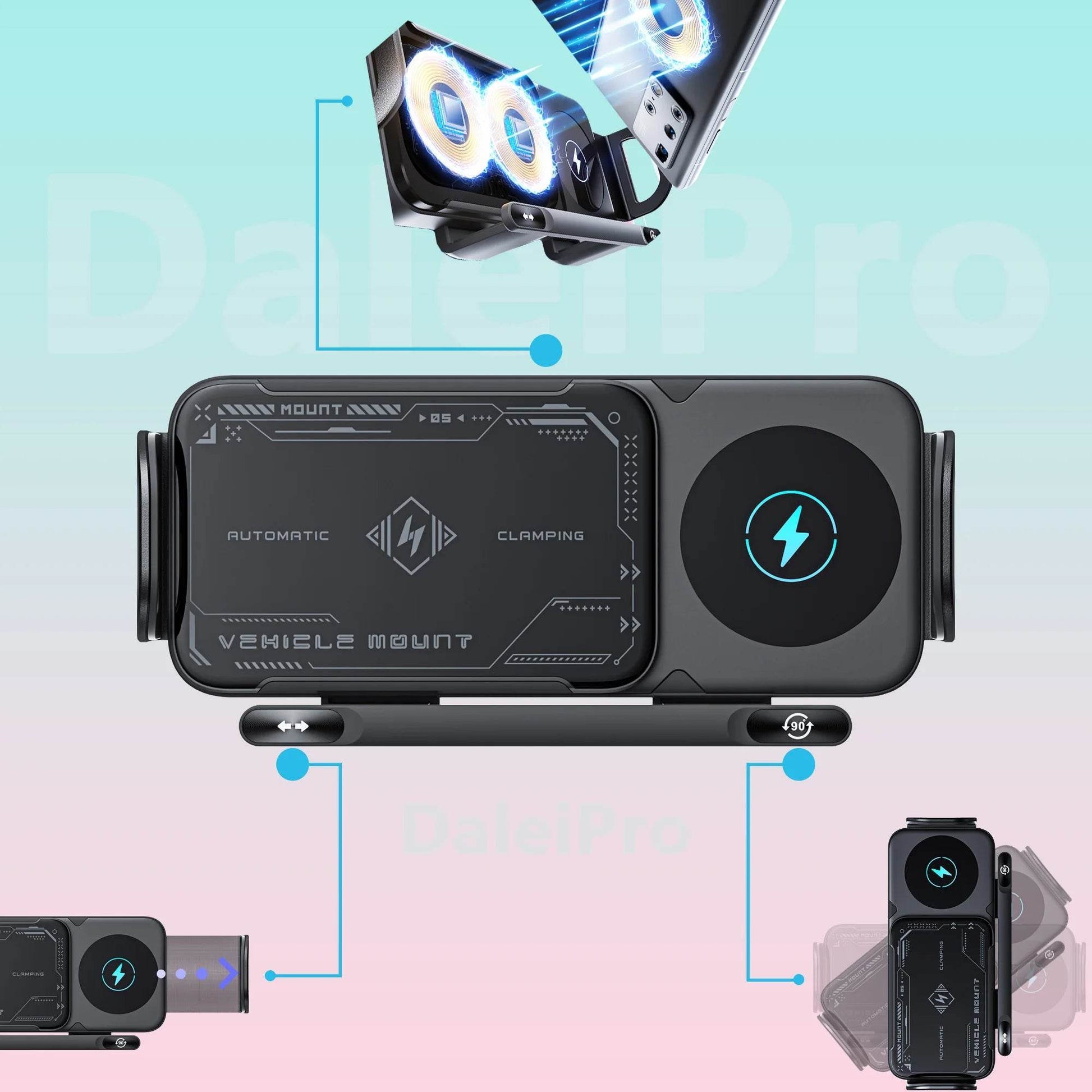 Foldable Phone Wireless Charging Holder – Auto-Clamp, 360° Rotation -