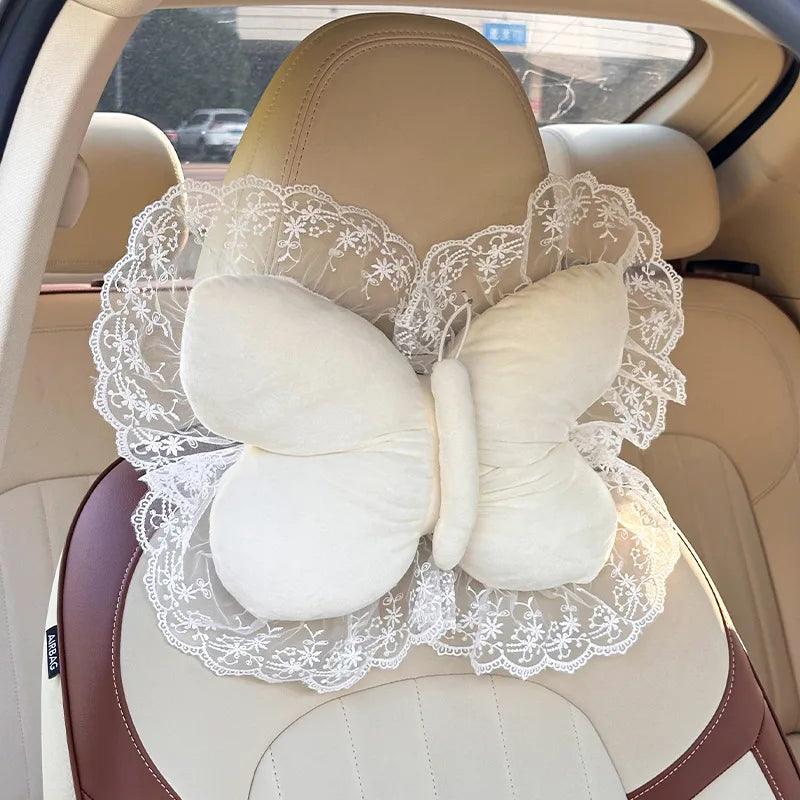 Plush Bow Lace Car Headrest Pillow - Soft Neck Support Cushion