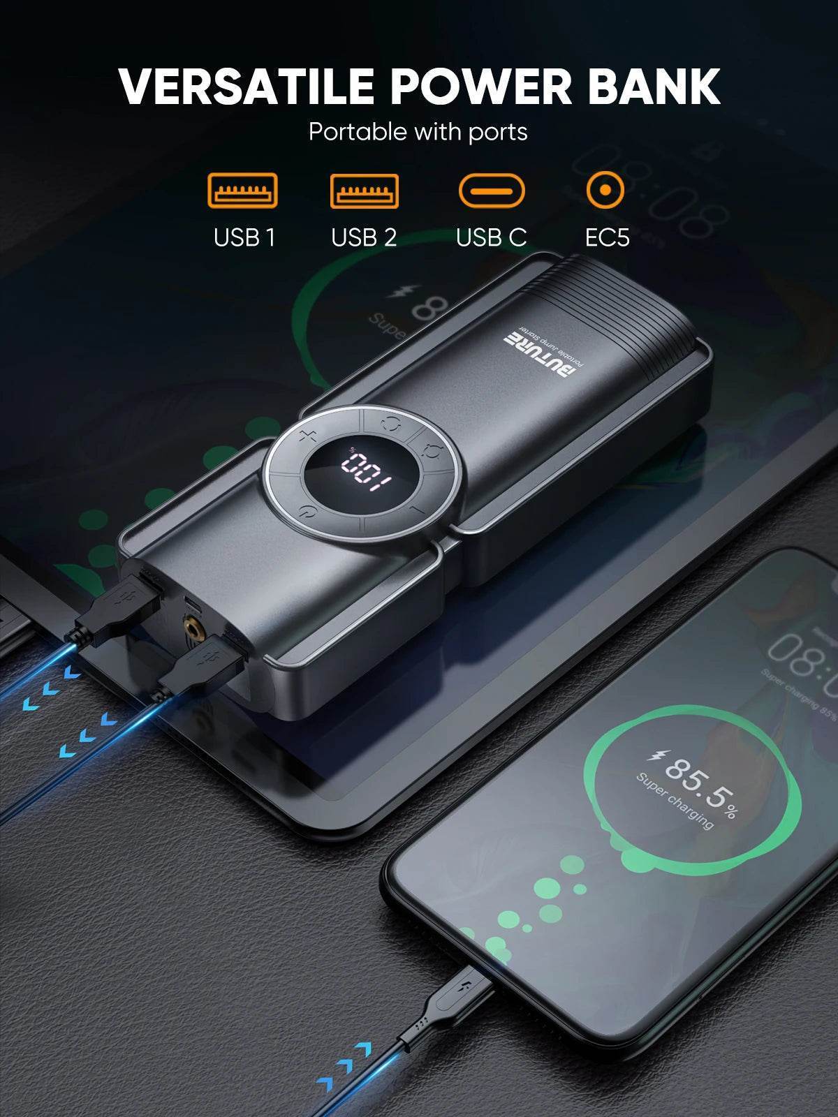 Buture 4-in-1 2500A Car Jump Starter – 150PSI Air Compressor, 20000mAh Power Bank, Digital Tire Inflator -