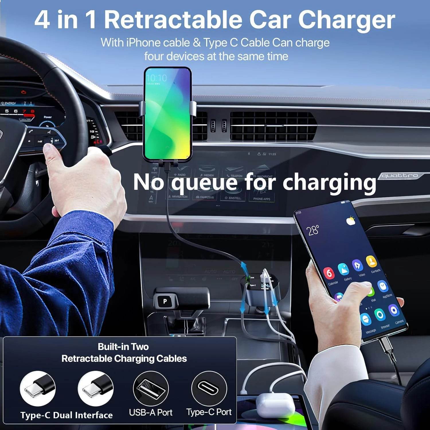 120W Fast Car Charger 4-in-1 with Retractable Cable, Dual USB & Dual Type-C -