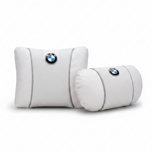 BMW Car Neck Pillow and Lumbar Support Cushion Set - Set White