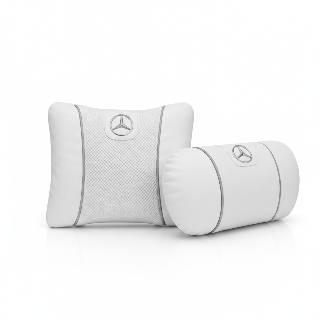 Mercedes Car Neck Pillow & Lumbar Support Cushion - Set White