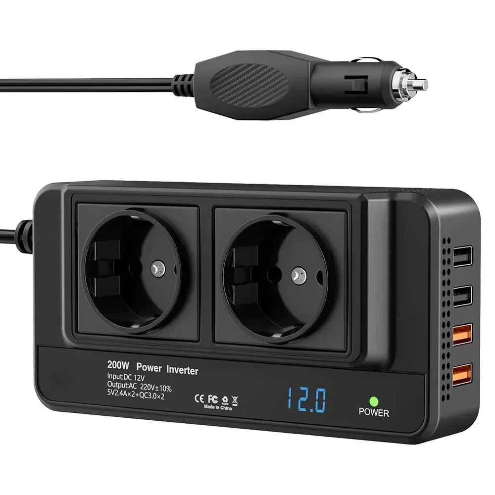 PowerDrive 200W car power inverter with two AC sockets and four USB ports