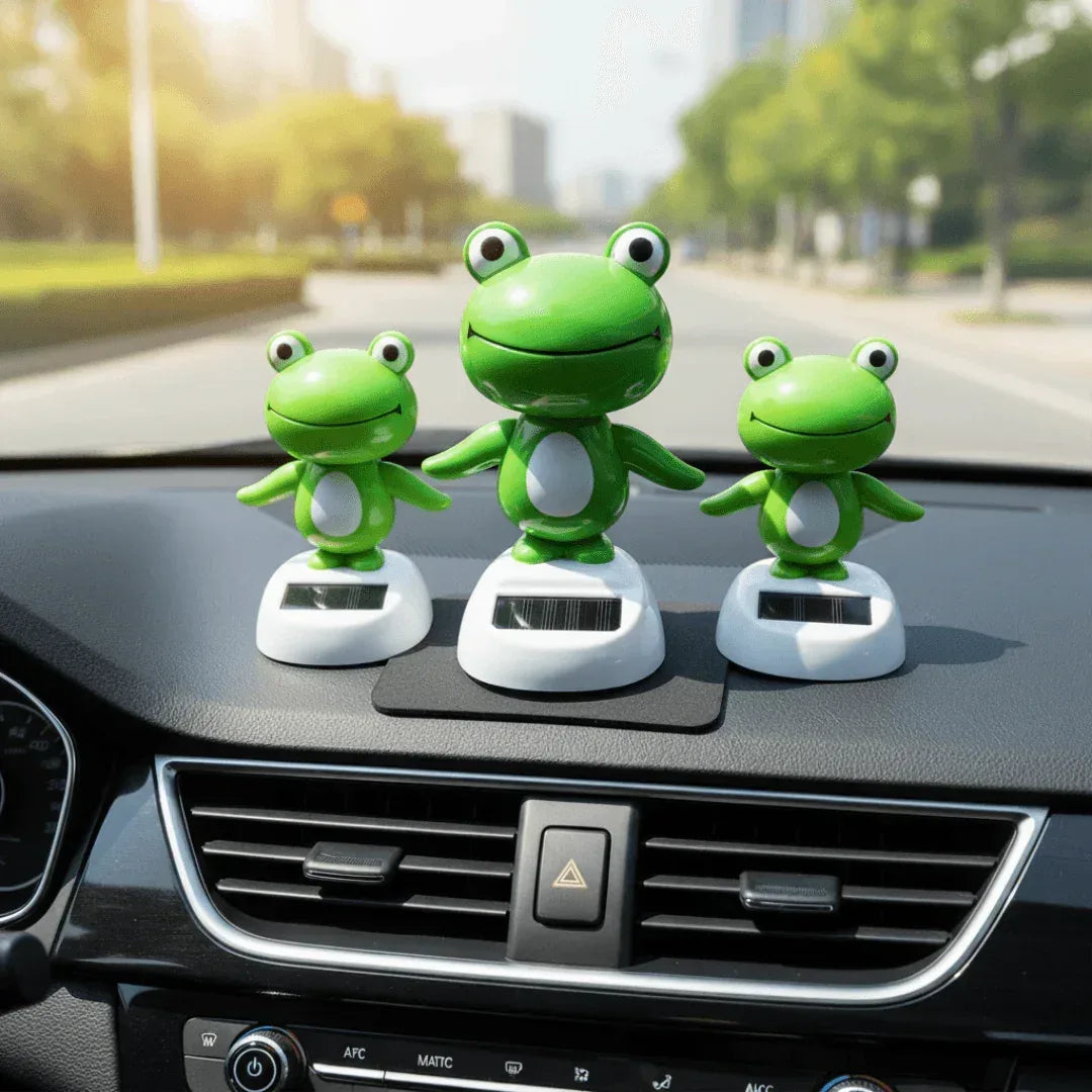 Solar powered frog bobblehead car ornament for the dashboard