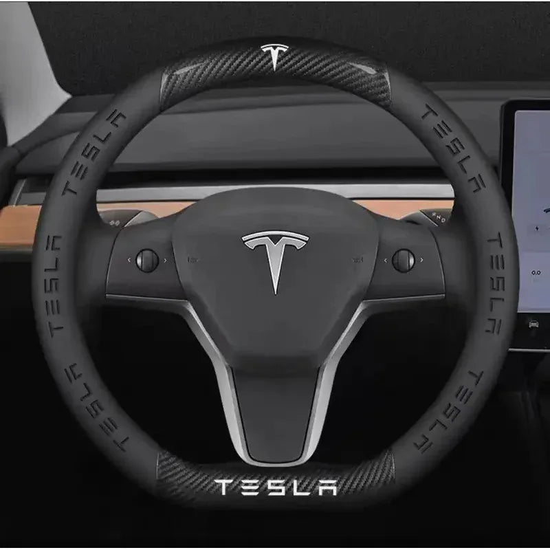 Tesla carbon fibre leather steering wheel cover, one of several Model 3 and Model Y interior upgrades