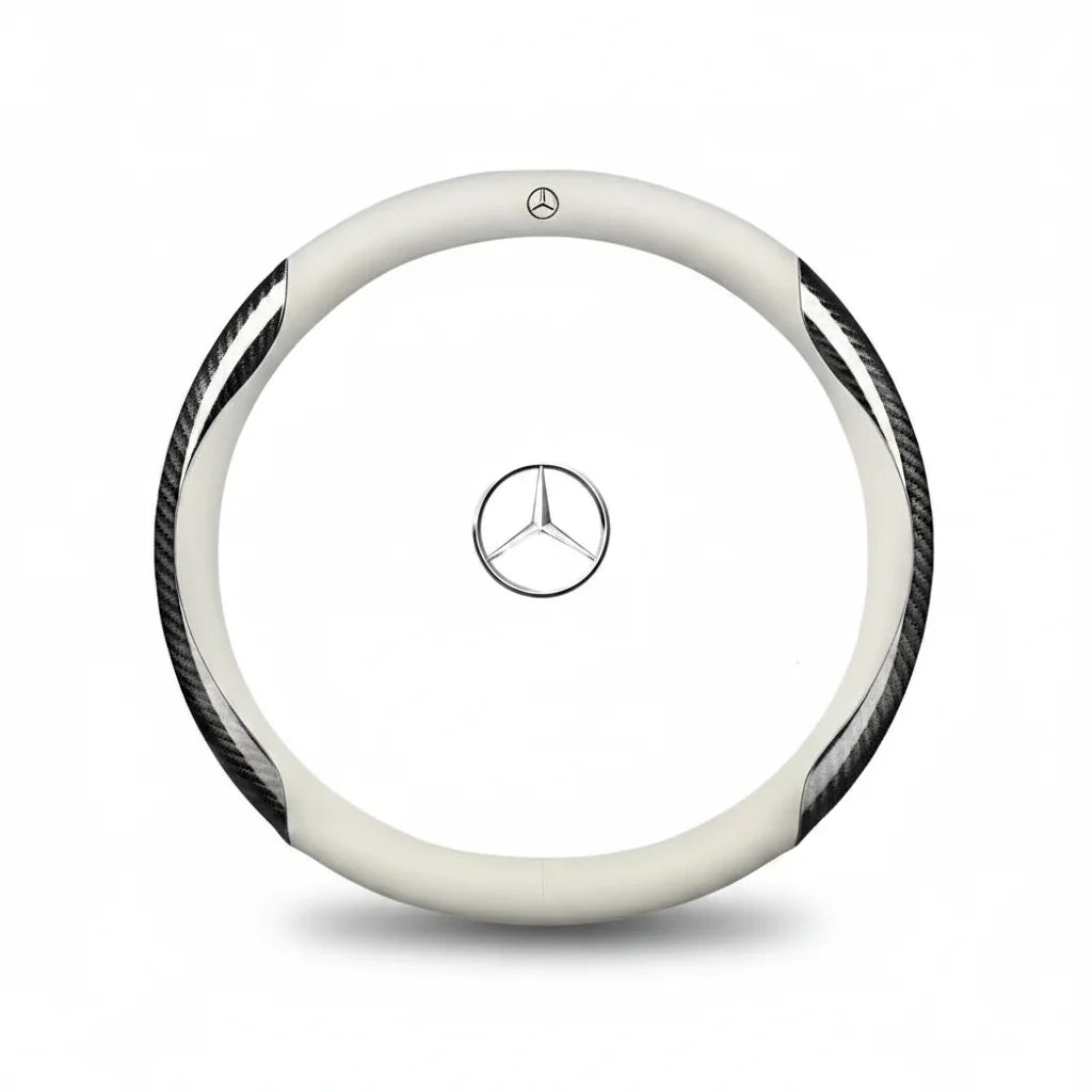 Mercedes carbon fibre and leather steering wheel cover on a display stand