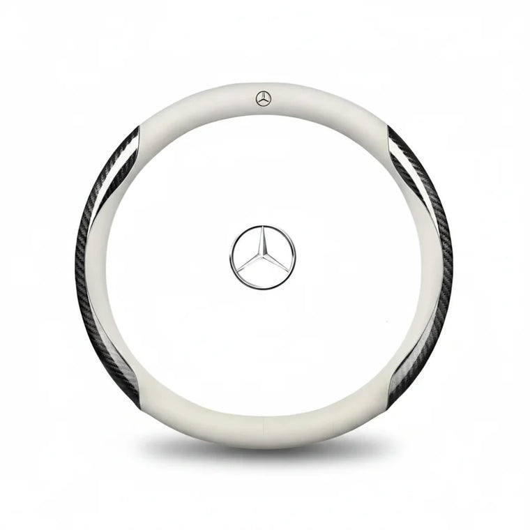 Mercedes carbon fibre and leather steering wheel cover on a display stand