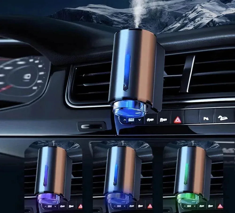 Car air vent aroma diffuser and humidifier misting inside a car cabin