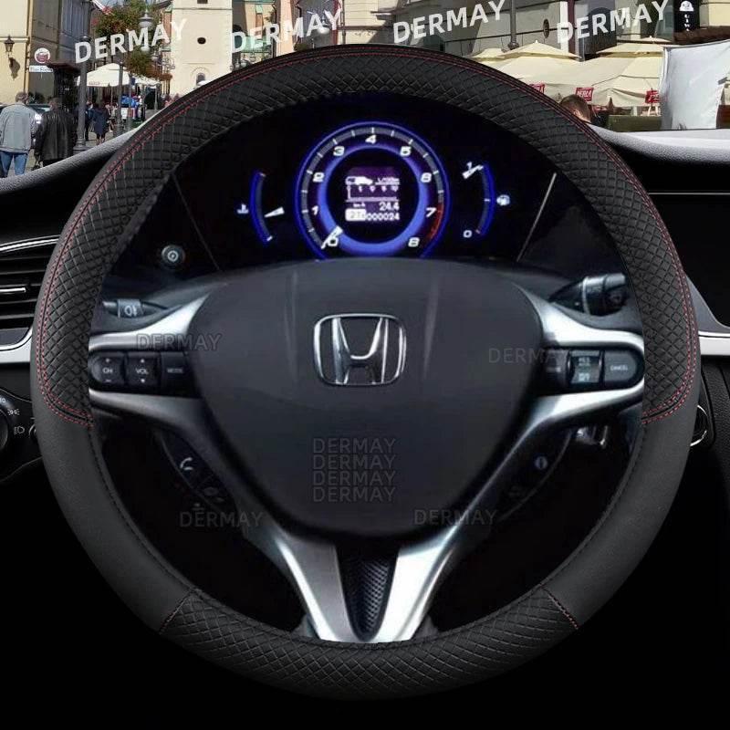 Honda Civic leather steering wheel cover fitted in a Honda cabin