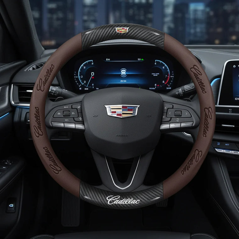 Cadillac leather and carbon fibre look steering wheel cover, representing the Cadillac, Lincoln, GMC and Buick accessories guide