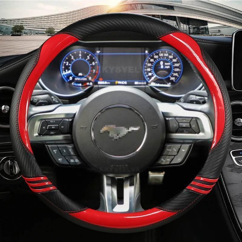 Ford Mustang carbon fibre leather steering wheel cover fitted to a steering wheel