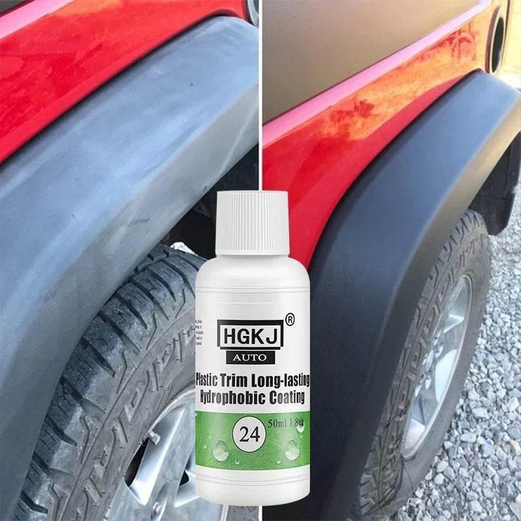 Plastic trim restorer being applied to faded car exterior trim